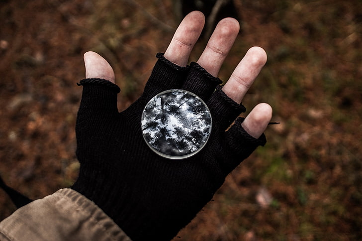 black hand glove, reflection, fall, human hand, one person, human body part