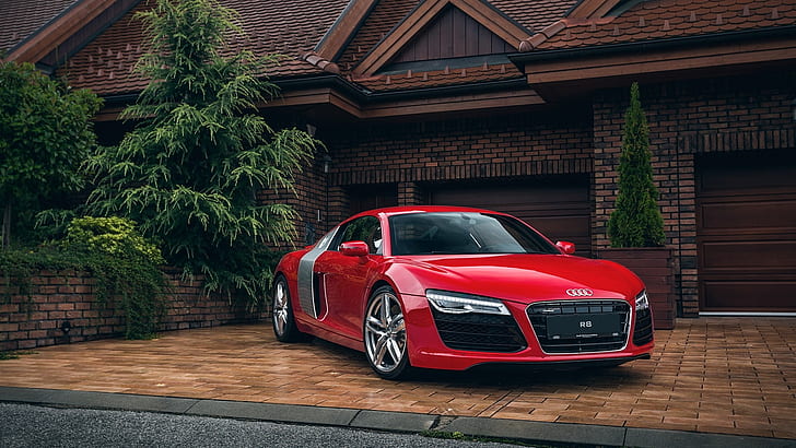 Audi, red cars, house, trees, frontal view, HD wallpaper