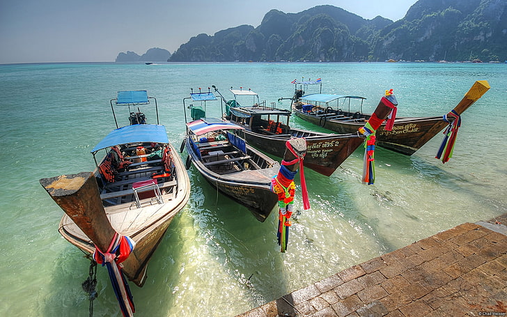 Thailand port 4 longtail boats-Windows 10 Desktop .., water, nautical vessel HD wallpaper