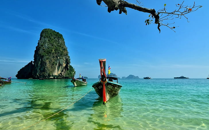 railay beach thailand sea boat, HD wallpaper