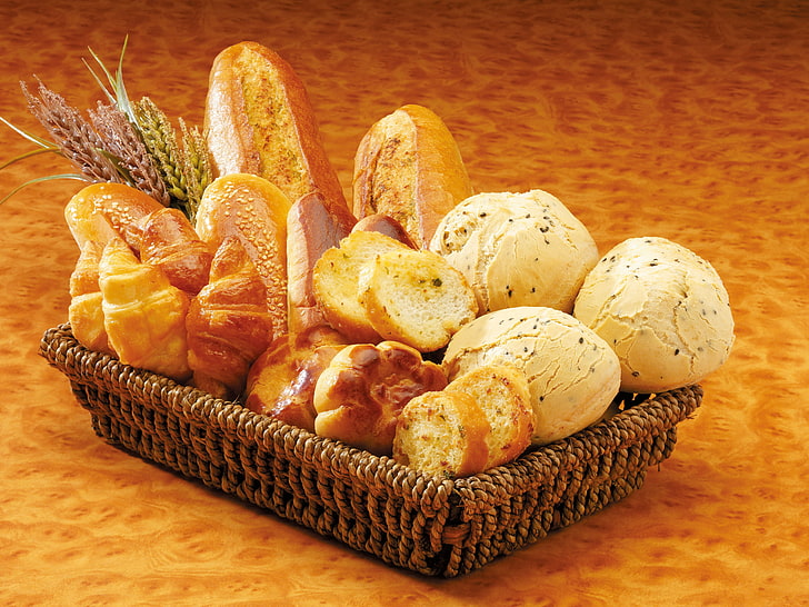 bread lot, basket, baking, set, food, loaf of Bread, freshness, HD wallpaper