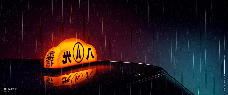 Romain Trystram, digital art, neon, lights, rain, Tokyo, HD wallpaper