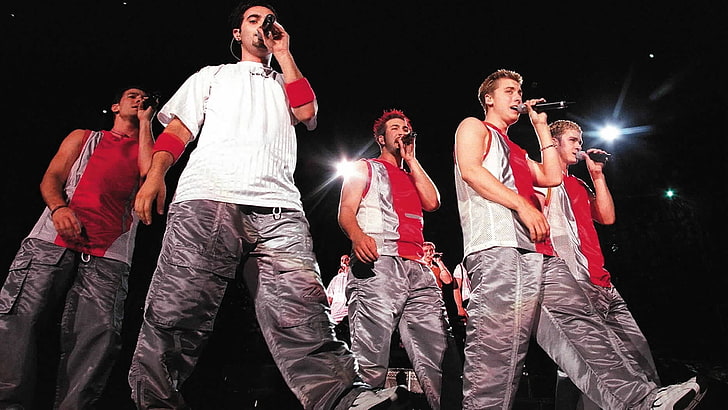 five men's grey pants, nsync, band, light, microphones, group of people