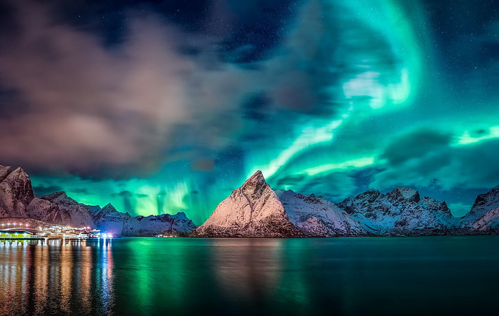 body of water, Norway, blue, sky, mountains, lights, nature, aurorae, HD wallpaper