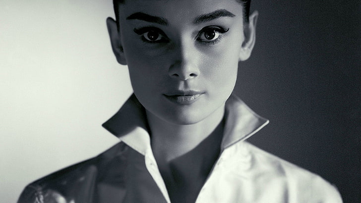 women's collared top, Audrey Hepburn, monochrome, looking at viewer
