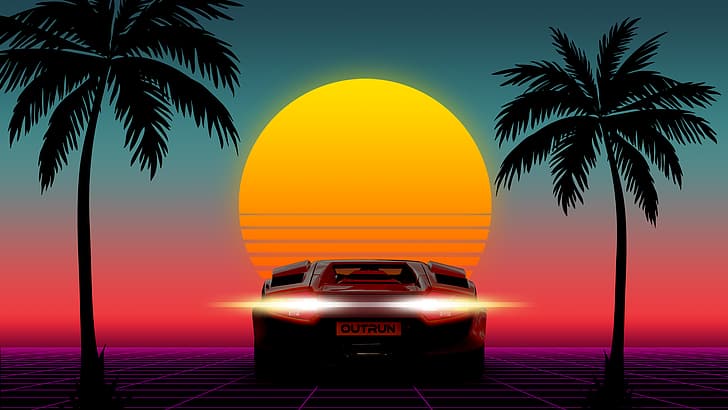 1980s, sunset, car, Lamborghini, palm trees, 8-bit, neon, OutRun