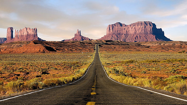 gray asphalt road, mountain, marking, uSA, utah, desert, monument Valley, HD wallpaper