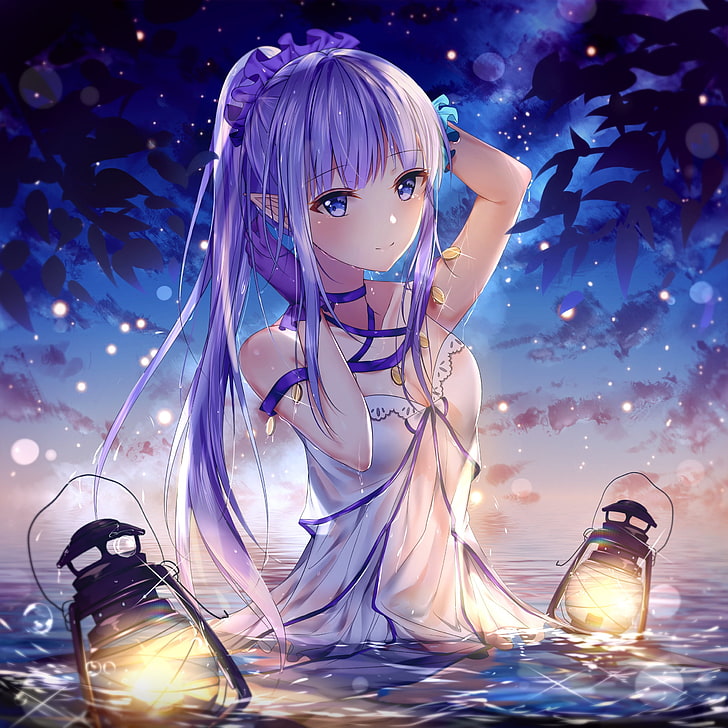 purple haired female anime character on underwater, anime girls, HD wallpaper