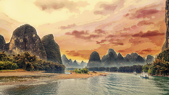 HD wallpaper: china, guangxi, guilin, li river, mountains, limestone ...