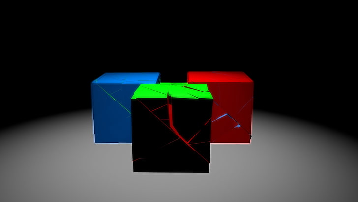 three blue, green, and red boxes digital wallpaper, cube, digital art, HD wallpaper
