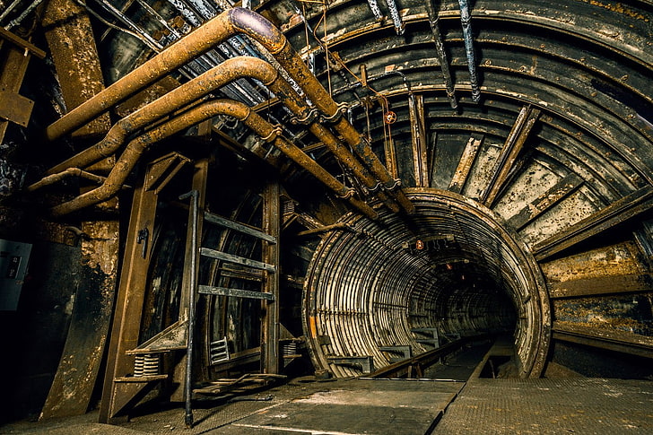 pipes, tunnel, underground, urban, architecture, metal, rust, HD wallpaper