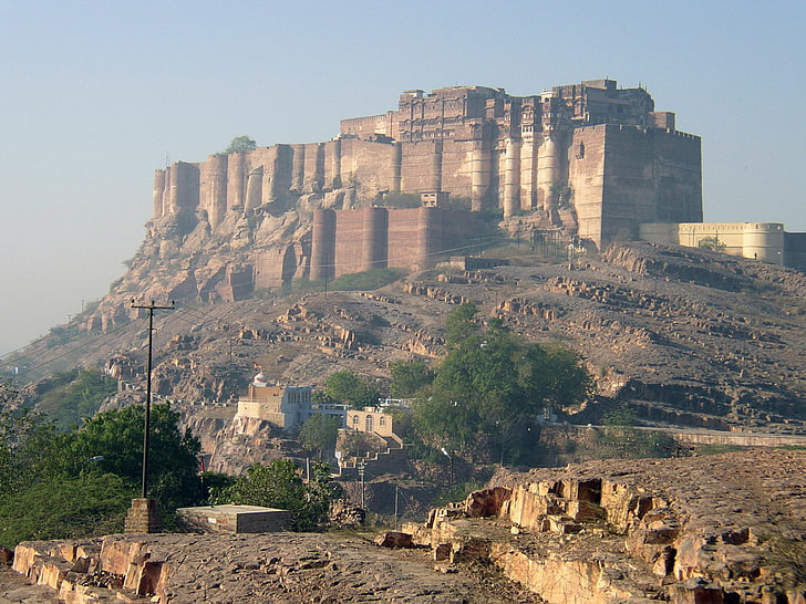 gray concrete castle, fortress, Rajput, Meherangarh, Mehrangarh, HD wallpaper