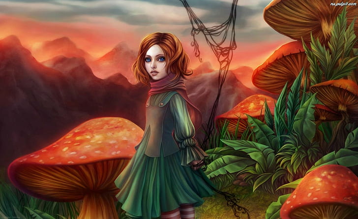 Mushroom L, mushrooms, girl, fantasy, plants, 3d and abstract, HD wallpaper