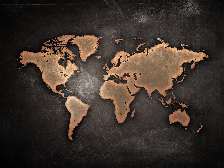 brown and black world map artwork, continents, grunge, cartography