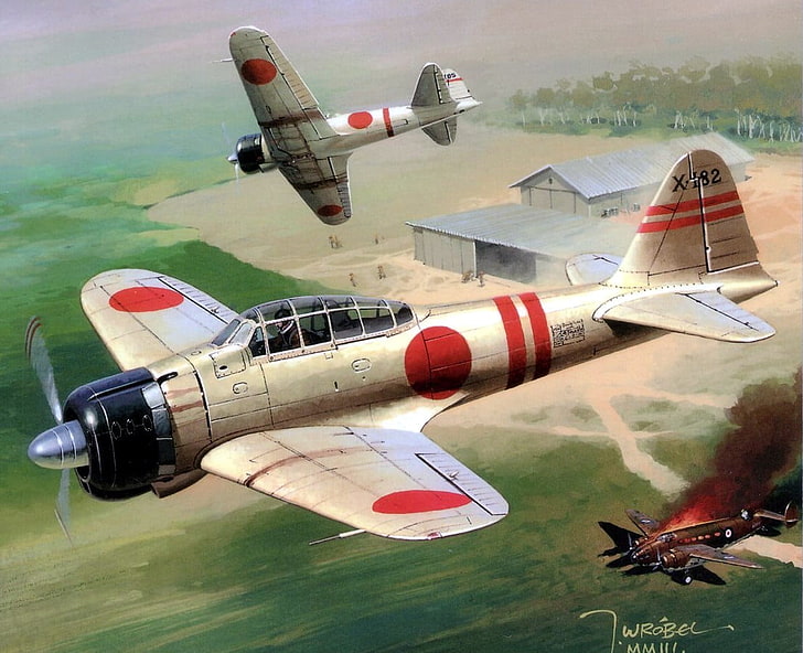 painting of two fighter planes, Japan, World War II, Zero, Mitsubishi, HD wallpaper