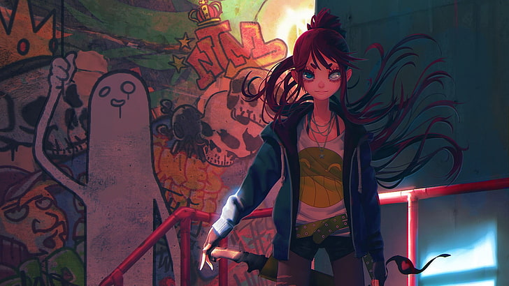 woman with sword anime character, graffiti, redhead, original characters