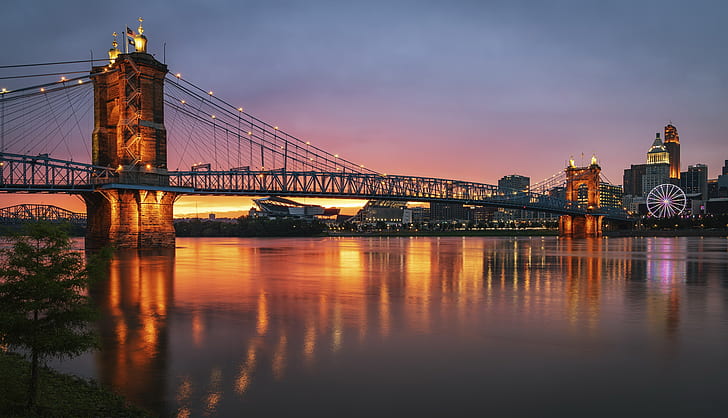 reflections, Cincinnati, Roebling Suspension Bridge, Ohio River, HD wallpaper
