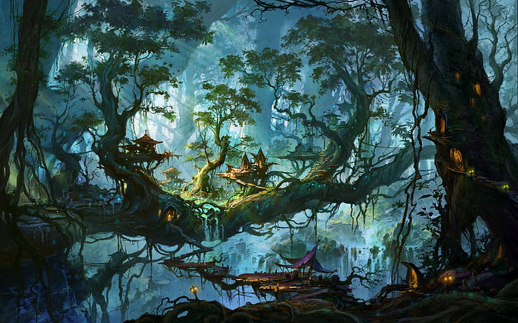 fantasy art, artwork, digital art, forest, trees, waterfall, HD wallpaper
