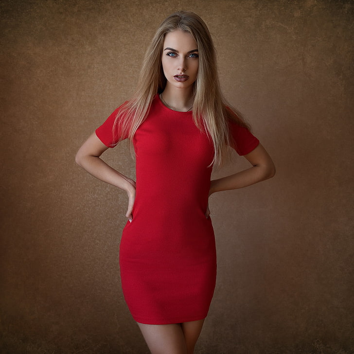 Dmitry Shulgin, red dress, women, model, blonde, blue eyes, HD wallpaper