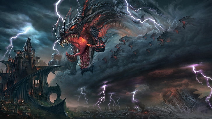 gray dragon illustration, fantasy art, cloud - sky, lightning, HD wallpaper