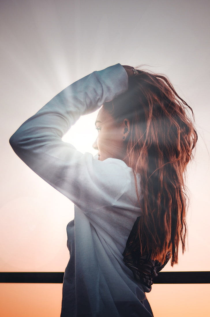 Sun, women, lens flare, one person, adult, young adult, long hair