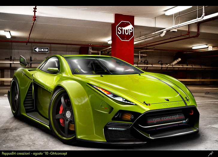 green supercar screenshot, sports car, tuning, digital art, mode of transportation