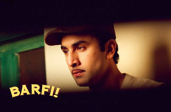 Ranbir Kapoor In Barfi Movie, men's brown cap with barf text overlay