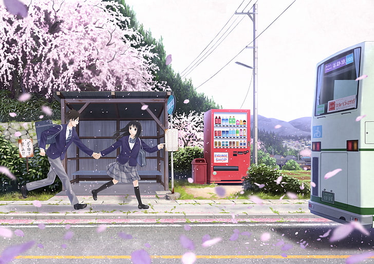 anime couple, cherry blossom, bus, school uniform, plant, tree