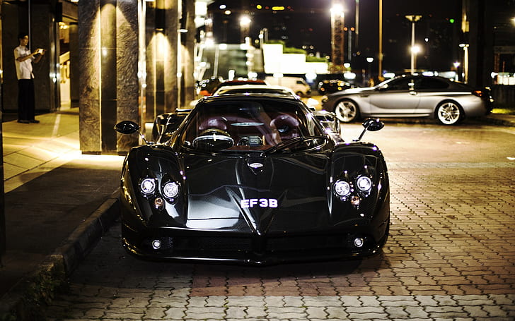 Pagani Zonda F black supercar front view, city, street, night, HD wallpaper