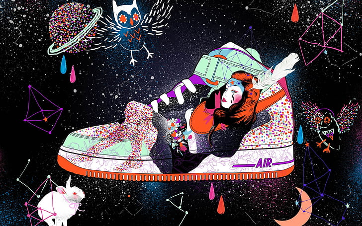 Nike Air Shoes, background, floral, moon, night, stars, HD wallpaper
