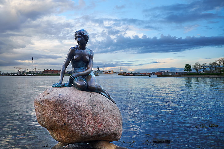 Denmark, port, statue, The little mermaid, Copenhagen, HD wallpaper
