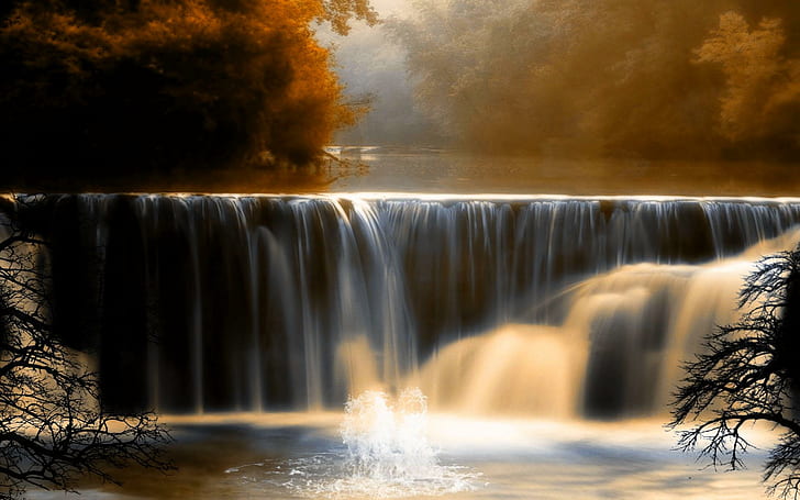 Beautiful Autumn Falls, trees, forest, waterfall, 3d and abstract