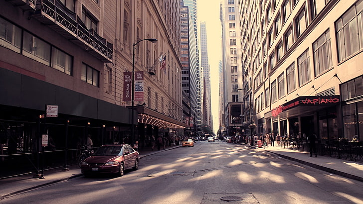 gray asphalt road, cityscape, street view, people, architecture, HD wallpaper