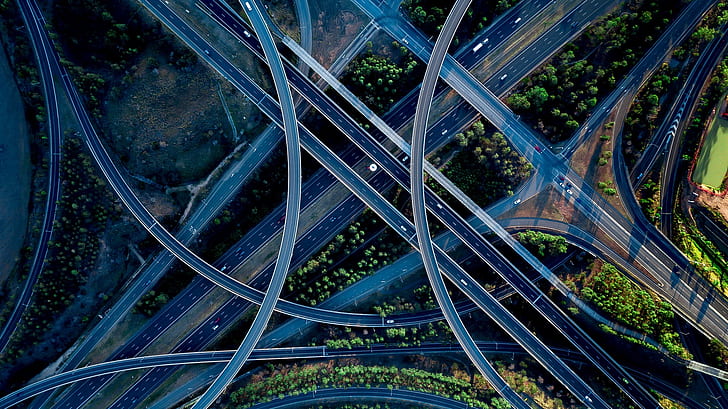 aerial view, road, traffic, architecture, built structure, connection, HD wallpaper
