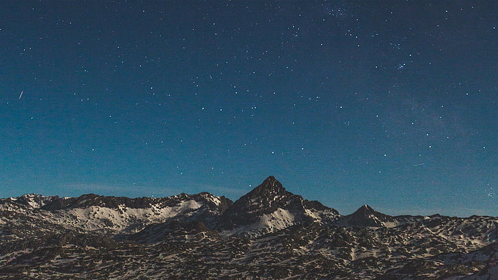 blue starry skies, mountains, sky, stars, night, landscape, nature, HD wallpaper
