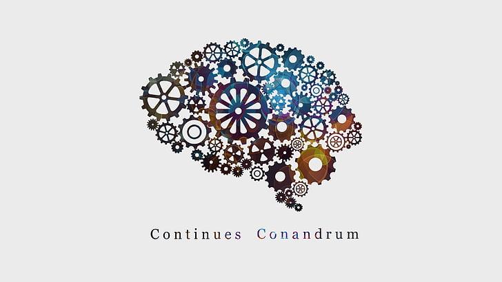 continues conadrum text overlay, brain, gears, white background
