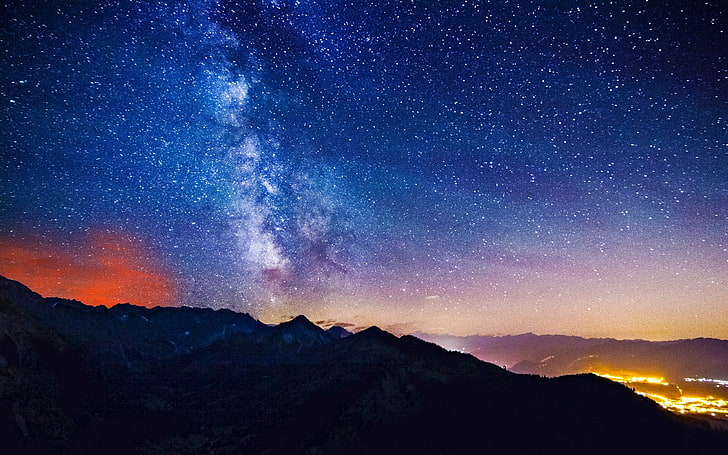 silhouette of mountains under clear sky full of stars, landscape