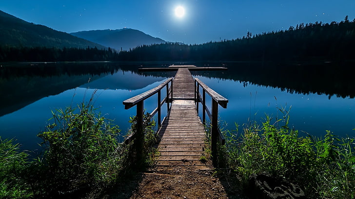 moonlit, night, fishing pier, united states, oregon, lost lake