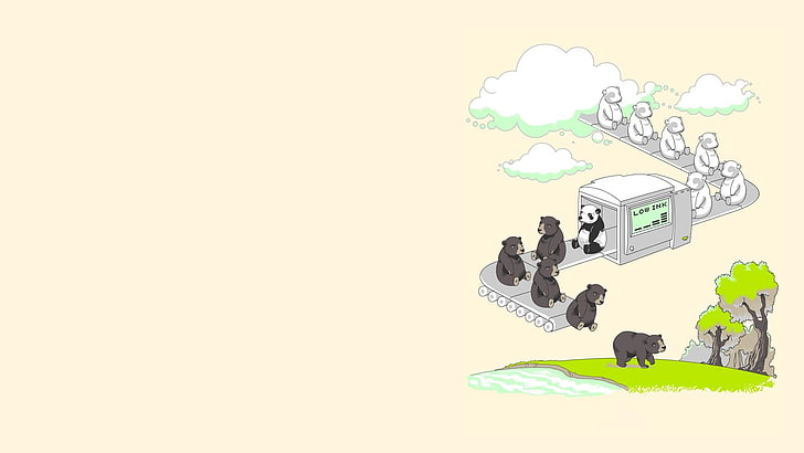 bear factory illustration, bears, panda, artwork, simple, humor, HD wallpaper