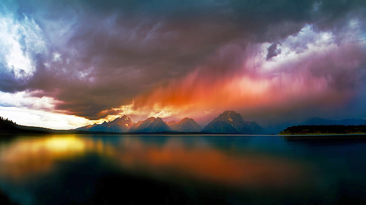 body of water, lake, mountains, storm, clouds, nature, landscape