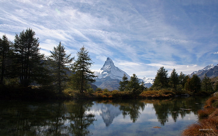 mountain, lake, and trees, mountains, Matterhorn, Switzerland, HD wallpaper