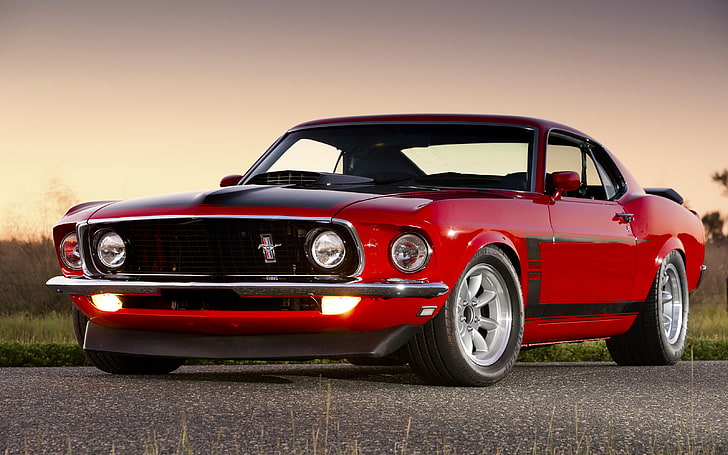 red Ford Mustang coupe, muscle car, ford mustang boss 302, mode of transportation