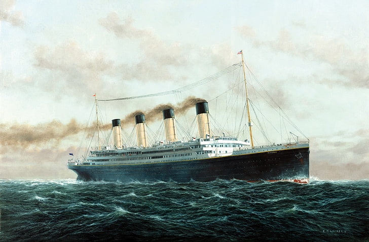 Titanic ship painting, The sky, Sea, Figure, Wave, Liner, The ship, HD wallpaper
