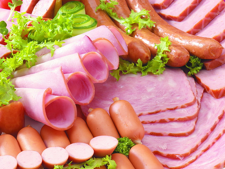 ham and sausages, bacon, cabbage, meat, food, pork, meal, beef, HD wallpaper