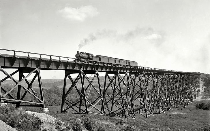 grayscale photo of train and bridge rails, steam locomotive, monochrome