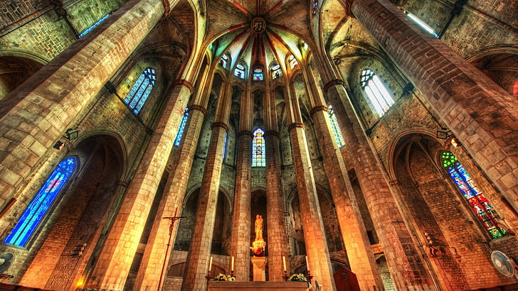 brown concrete cathedral, HDR, indoors, church, Santa Maria del Mar