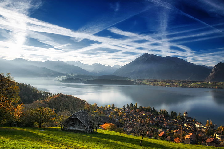 town landscape, autumn, clouds, mountains, lake, Switzerland