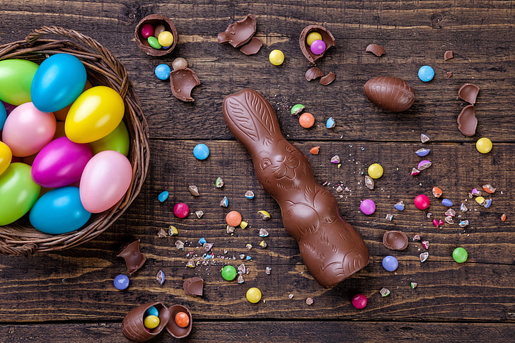 rabbit, eggs, Easter, chocolate, 5K, candy, multi colored, food, HD wallpaper