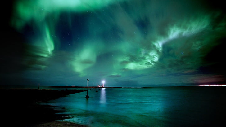 aurora borealis, night, sky, lighthouse, sea, lights, nature, HD wallpaper