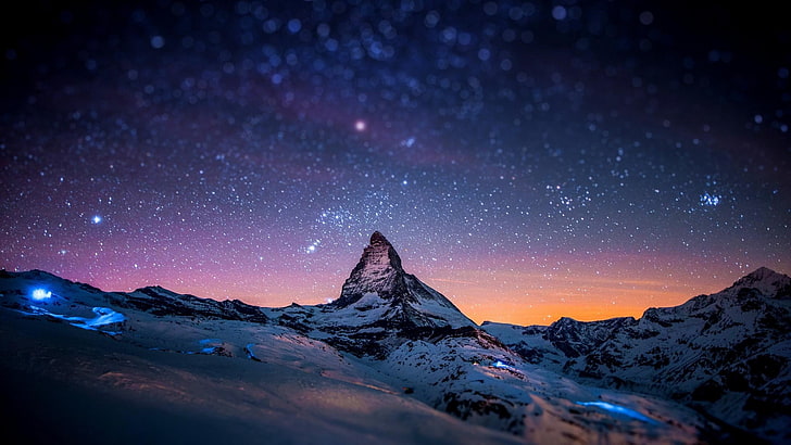 nebula over alp mountain wallpaper, mountains, sky, snow, stars